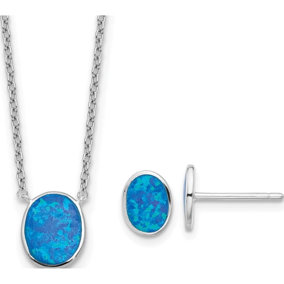 Sterling Silver Rh-Pl Blue Cr.Opal Oval 16In Necklace W/1.75 Ext/Earring Se(Length 16) - Jbsp