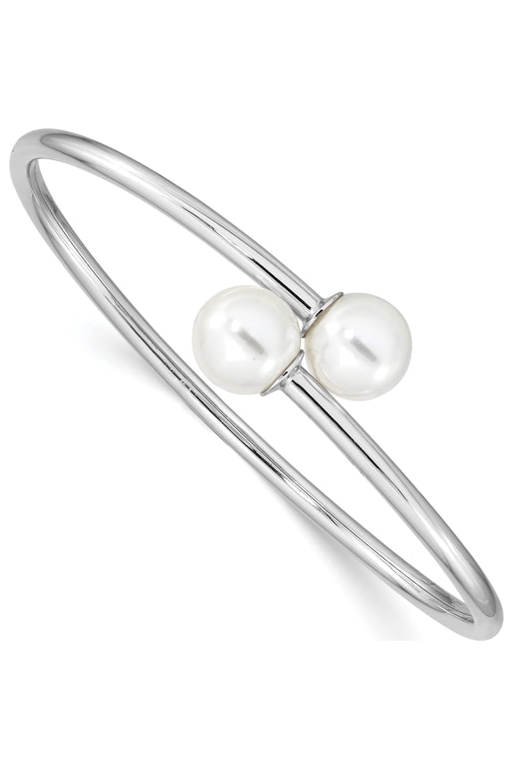 Majestik Sterling Silver Rhodium-plated 10-11mm White Imitation Shell Pearl Bangle Bracelet