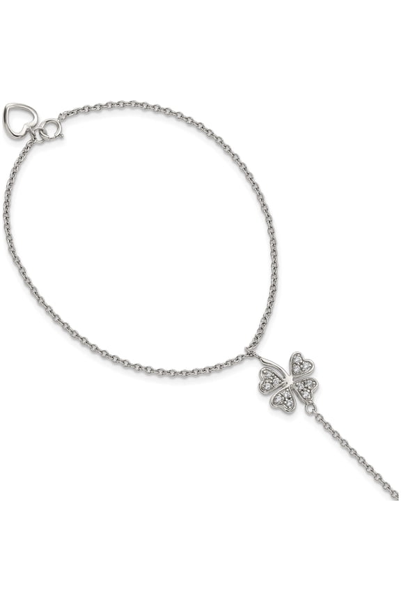 Sterling Silver Rh-Plat Polished Cz Four Leaf Clover Attached Ring/Bracelet Made In China qg3629-7