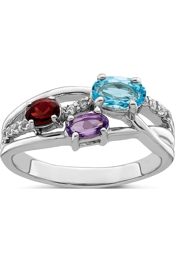 Sterling Silver Rh-Plated 1.08T.W. Bt/Am/Ga/Wt Oval Ring (Size 7) Made In Thailand qr7414rb-7