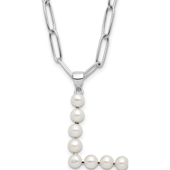 Jewelry by Sweet Pea Sterling Silver Rhodium-plated 3-5.5mm White Button Freshwater Cultured Pearl Letter L 18 inch Necklace