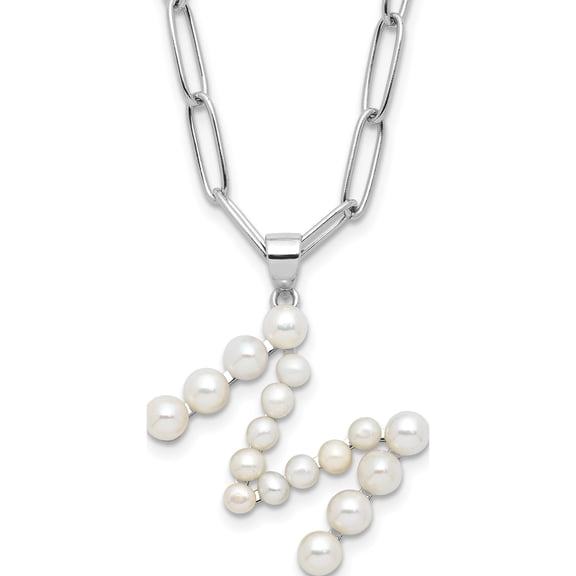 Jewelry by Sweet Pea Sterling Silver Rhodium-plated 3-5.5mm White Button Freshwater Cultured Pearl Letter M 18 inch Necklace