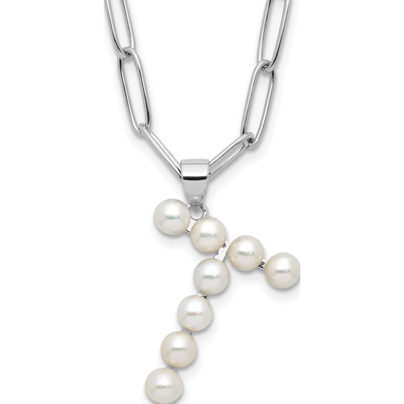 Jewelry by Sweet Pea Sterling Silver Rhodium-plated 3-5.5mm White Button Freshwater Cultured Pearl Letter T 18 inch Necklace