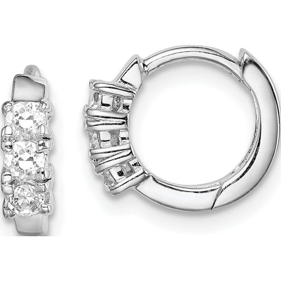 Sterling Silver Rh-Plated 3-Stone Cz 2X11mm Hinged Hoop Earrings (11 X 12) Made In Thailand qe15317