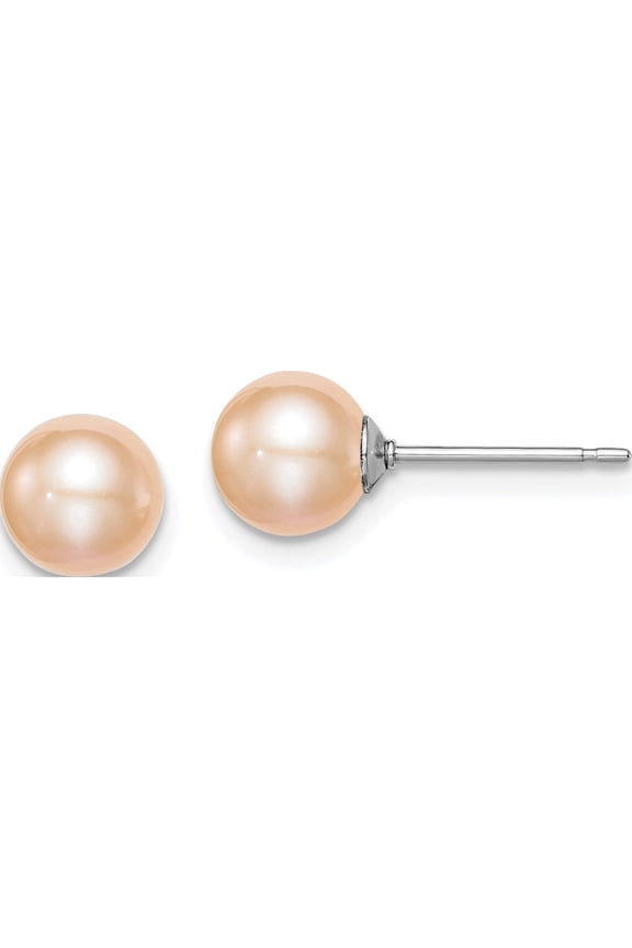 Sterling Silver Rh Plated 6-7mm Pink Fw Cultured Round Pearl Stud Earrings Made In Canada qe12721