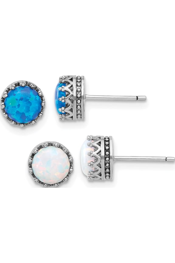 Sterling Silver Rh-Plated 7Mm Cr. Blue Opal / White Post Earring Set (Width 7) - Jbsp