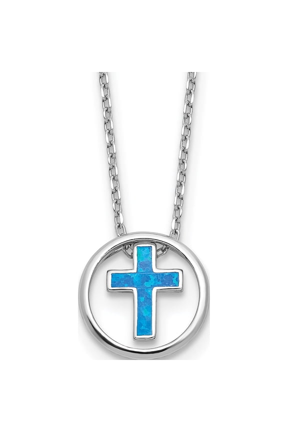 Sterling Silver Rh-Plated Blue Cr. Opal Inlay Cross 16In W/2In Ext Necklace (Width 12.4) (Length 18) - Jbsp