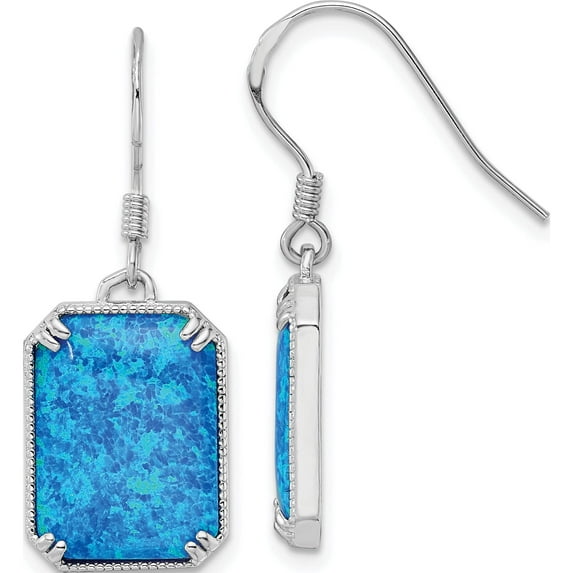 Sterling Silver Rh-Plated Blue Created Opal Beaded Border Earrings (31.3 X 11.6) Made In China qe15802