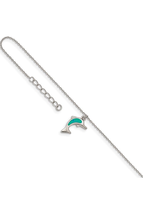 Sterling Silver Rh-Plated Created Opal Dolphin 9In Plus 1In Ext. Anklet (10 X 10.9) Made In China qg4749-9