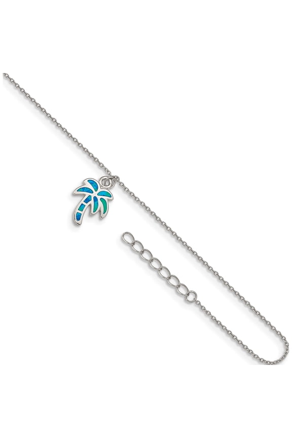 Sterling Silver Rh-Plated Created Opal Palm Tree 9In Plus 1In Ext. Anklet (10 X 11.5) Made In China qg4750-9