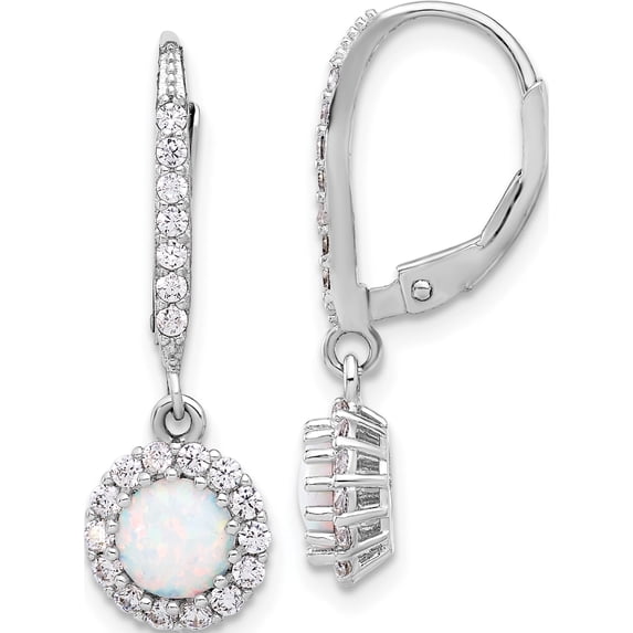 Sterling Silver Rh-Plated Cz & Cr. Opal Halo Dangle Leverback Earrings (Width 8.75) (Length 27) - Jbsp