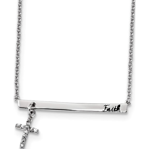 Jewelry by Sweet Pea Sterling Silver RH-plated CZ Cross Black Enamel Faith 16in w/2in ext. Bar Necklace