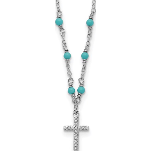 Sterling Silver Rh-Plated Cz Cross Synth. Turquoise 2In Ext Necklace Made In China qg5179-16