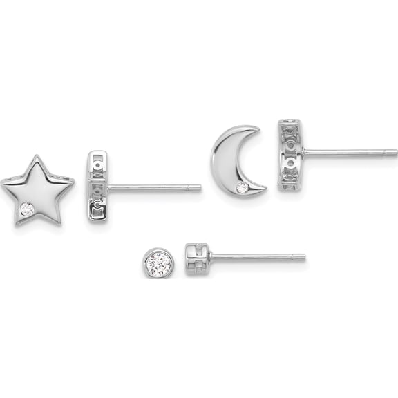 Sterling Silver Rh-Plated Cz Moon/Star And Round Set Of 3 Post Earring - Jbsp