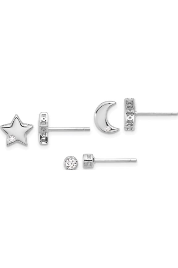 Sterling Silver Rh-Plated Cz Moon/Star And Round Set Of 3 Post Earring - Jbsp