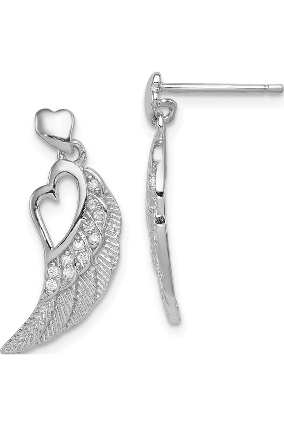 Sterling Silver Rh-Plated Cz Open Heart On Wings Post Drop Earrings (25 X 12) Made In Myanmar/Burma qe12939