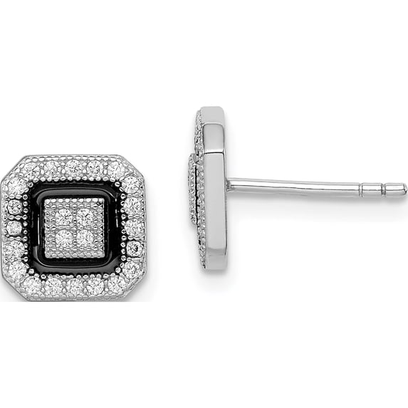 Sterling Silver Rh-Plated Cz Pave Black Enamel Square Post Earrings (8 X 8) Made In China qe9117