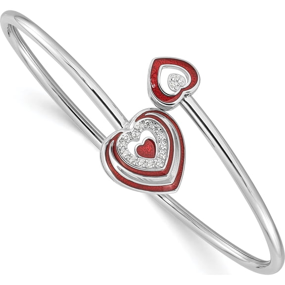 Sterling Silver Rh-Plated Cz Red Enamel Heart Flexible Cuff Bangle Bracelet (Width 2.49) - Jbsp