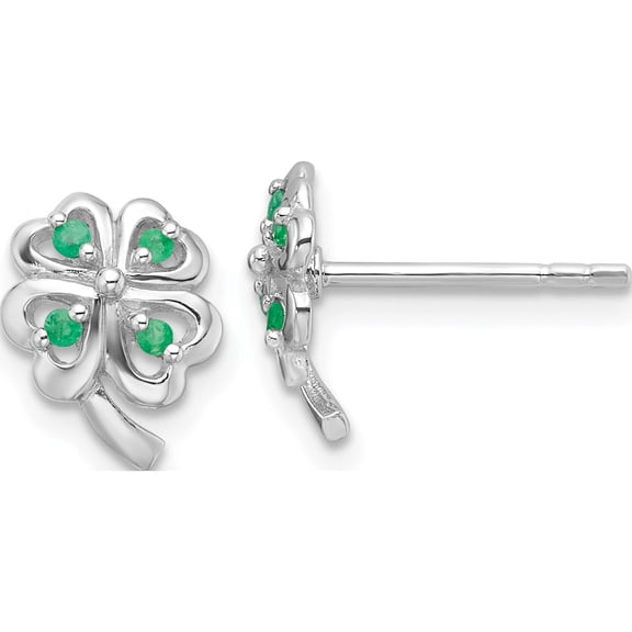Sterling Silver Rh-Plated Emerald Four Leaf Clover Post Earrings (Width 7.8) (Length 10.1) - Jbsp