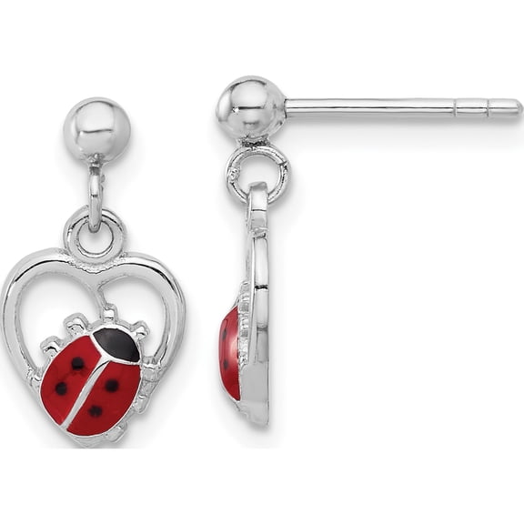 Jewelry by Sweet Pea Sterling Silver Rh-plated Enameled Ladybug in Heart Post Dangle Earrings