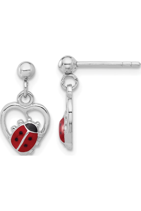 Sterling Silver Rh-Plated Enameled Ladybug In Heart Post Dangle Earrings (Width 8.3) (Length 15.25) - Jbsp