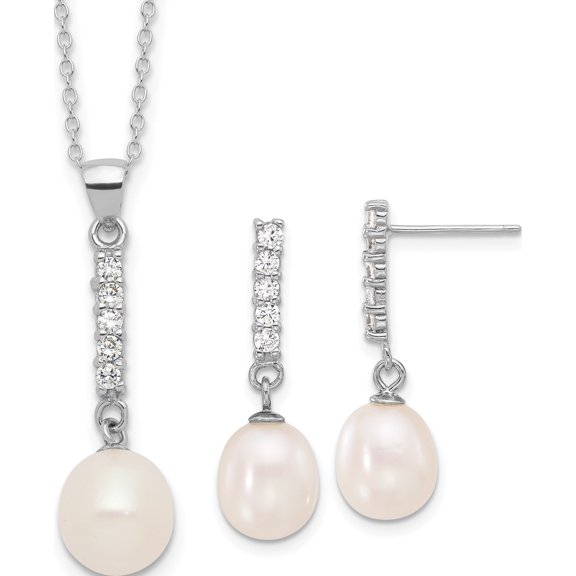 Sterling Silver Rh-Plated Fwc Pearl/Cz 17In Necklace And Post Earrings Set(Length 17) - Jbsp
