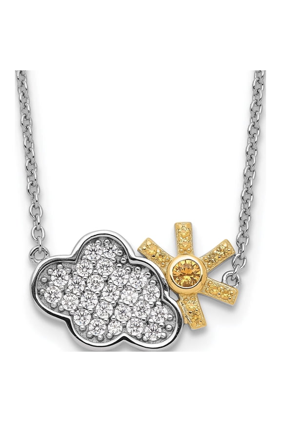 Sterling Silver Rh-Plated Gold-Tone Cz Cloud With Sun 2In Ext Necklace Made In China qg5451-16