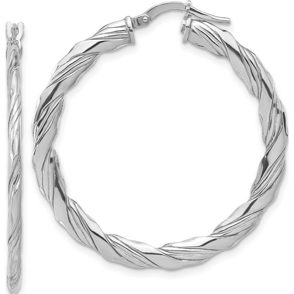 Sterling Silver Rh-Plated Polished And Textured Twisted Hoop Earrings (Width 37.5) (Length 38.8) - Jbsp