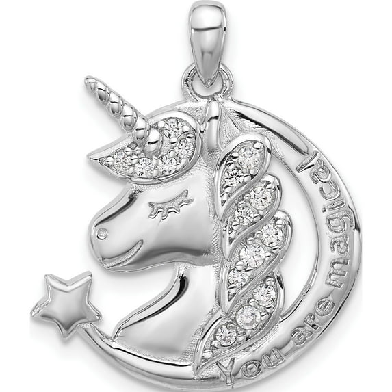 Sterling Silver Rh-Plated Polished Cz Unicorn You Are Magical Pendant (Width 23) (Length 27) - Jbsp
