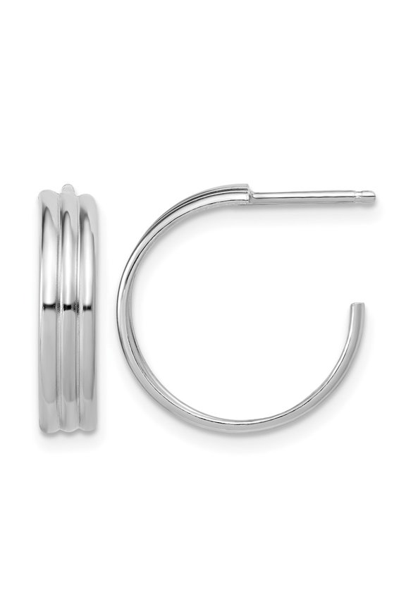 Sterling Silver Rh-Plated Polished Grooved J-Hoop Post Earrings