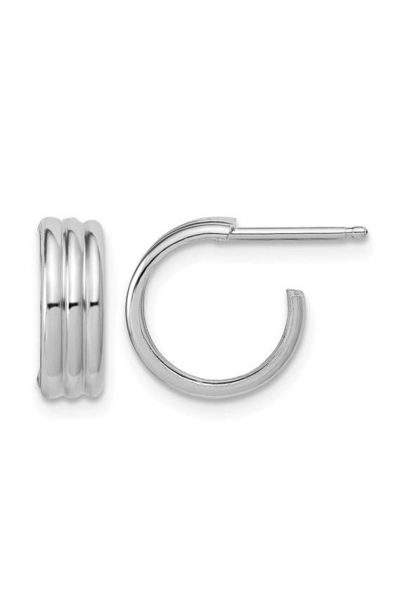 Sterling Silver Rh-Plated Polished Grooved J-Hoop Post Earrings