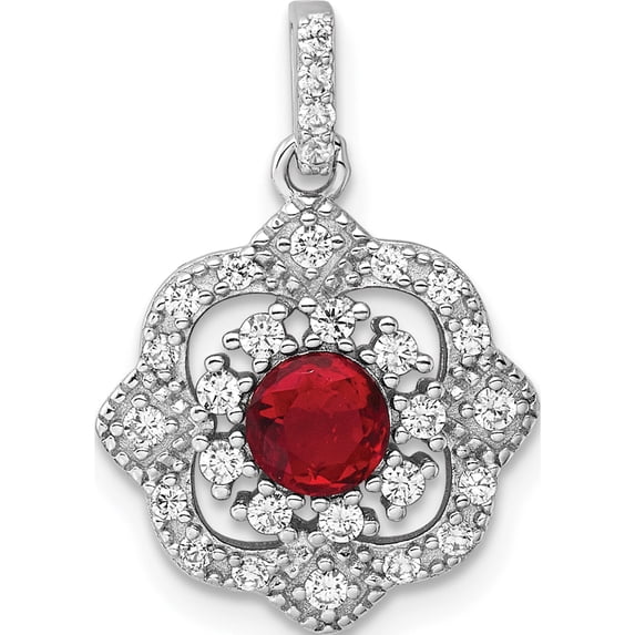 Sterling Silver Rh-Plated Red Glass & Clear Cz Fancy Vintage Pendant (Width 15.25) (Length 21.3) - Jbsp