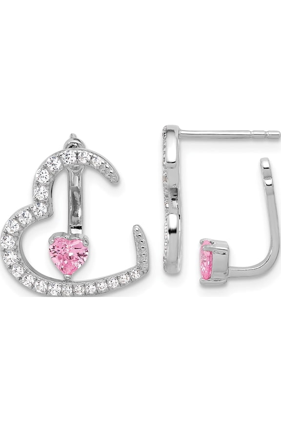Sterling Silver Rh-Plated White And Pink Cz Heart W/ Jacket Post Earrings (Width 15.6) (Length 15.6) - Jbsp