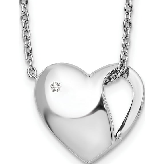 Sterling Silver Rh Plated White Ice .01Ct. Diamond Heart Necklace (20 X 15) Made In India qw289-18