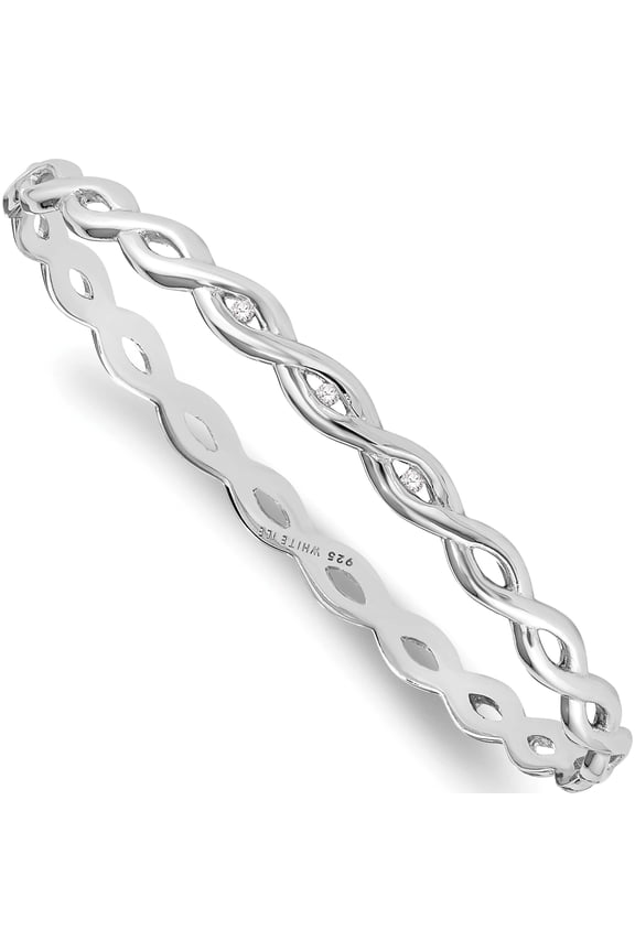 Sterling Silver Rh Plated White Ice .06Ct. Diamond Twist Bangle (7 X 11) Made In India qw234