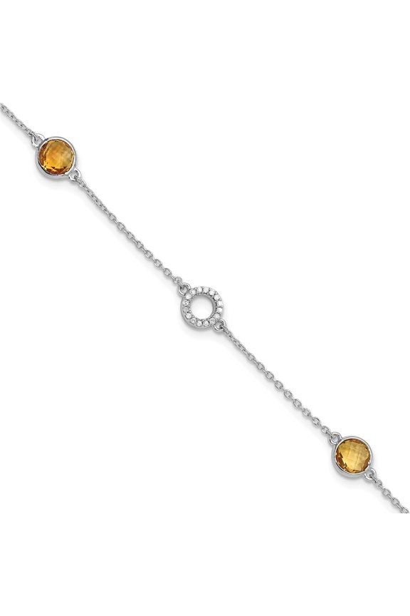 Sterling Silver Rh Plated White Ice Diamond & Citrine 1In Ext. Bracelet (Width 6) (Length 7.25) - Jbsp