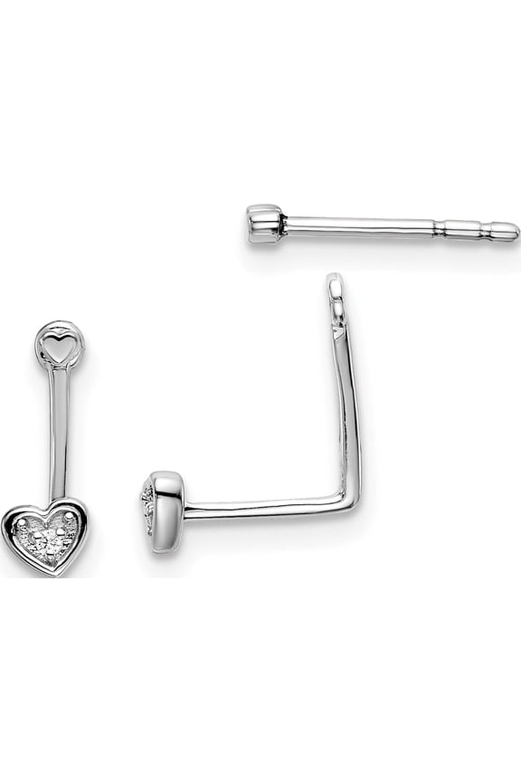 Sterling Silver Rh Plated White Ice Diamond Heart Front Back Earrings (11.5 X 4) Made In India qw469