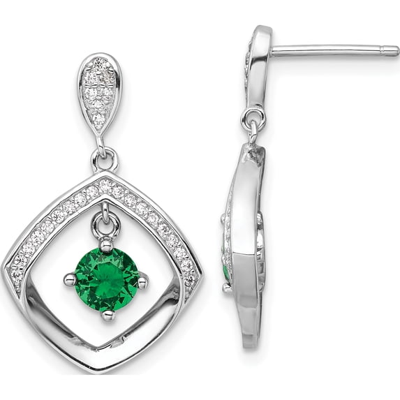 Sterling Silver Rh-Pltd Green Glass And Clear Cz Fancy Square Post Earrings (Width 15.8) (Length 24.7) - Jbsp