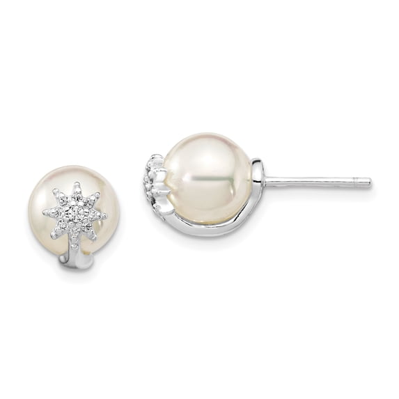 Sterling Silver Rh-pl Plated Cubic Zirconia & Imitation Shell Pearl Earrings