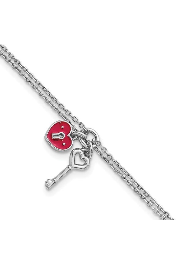 Sterling Silver Rh-plat 2 Strand Enamel Heart Lock Key w/.75in ext Bracelet 7.5 inches