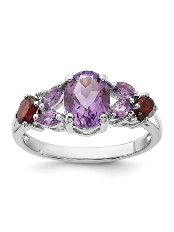 Sterling Silver Rh-plated Amethyst Pk Quartz Garnet and White Topaz Ring