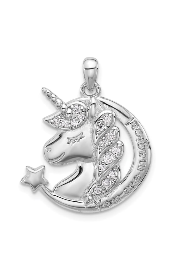 Sterling Silver Rh-plated Polished CZ Unicorn YOU ARE MAGICAL Pendant