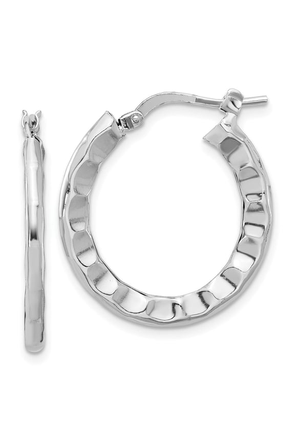 Sterling Silver Rh-plated Polished/Hammered Hoop Earrings