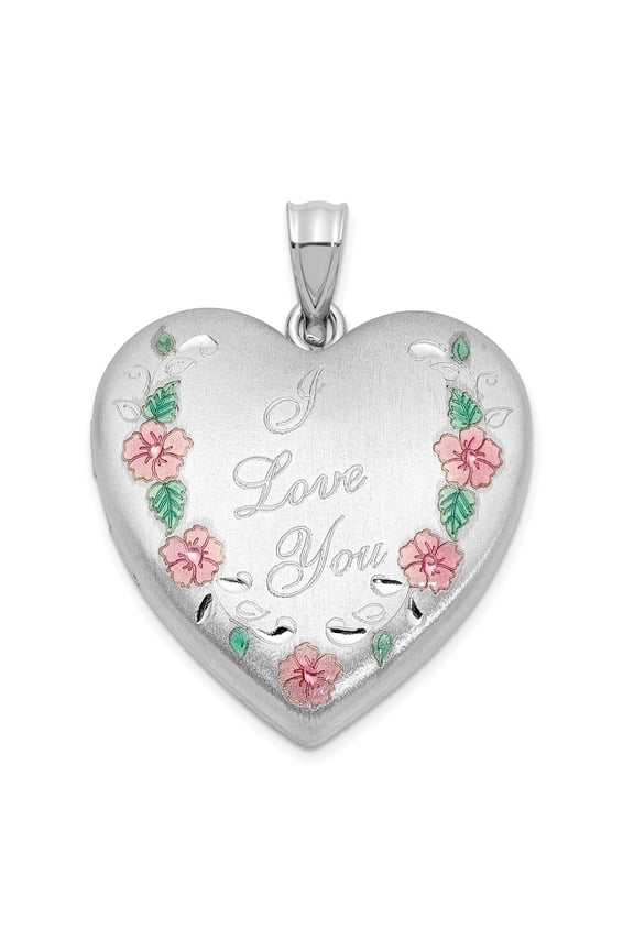 Sterling Silver Rh-plated Satin Epoxy I Love You Floral 24mm Heart Locket