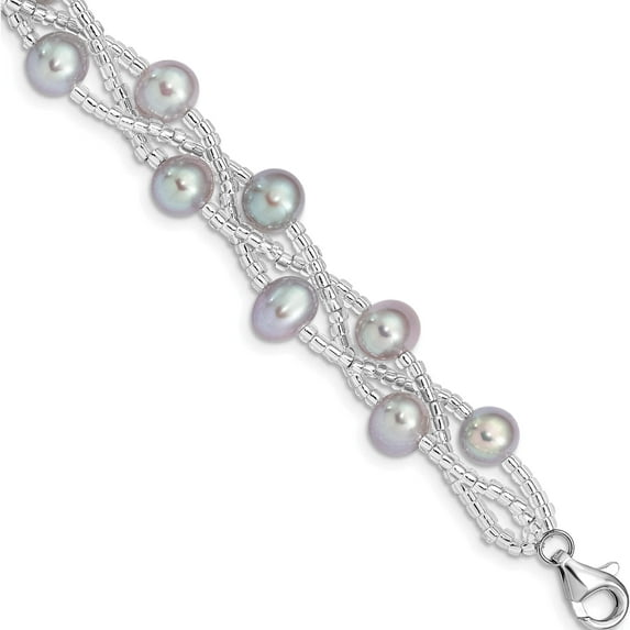 Sterling Silver Rhd-Plt 7-9mm Grey Fwc Pearl Plastic Bead Bracelet Made In China qg5085-7.5