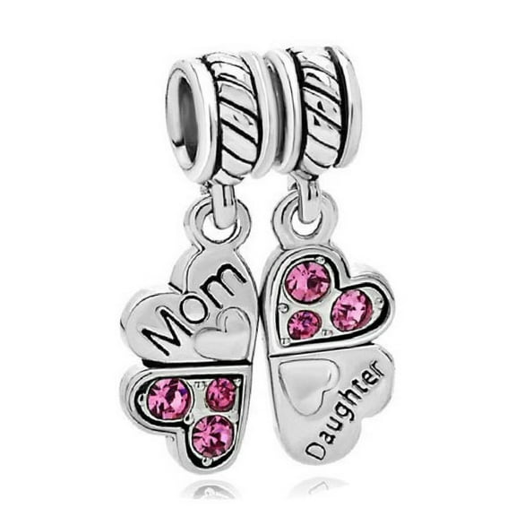 Sterling Silver Rhinestone Mother Daughter Love Heart European Bead Charm