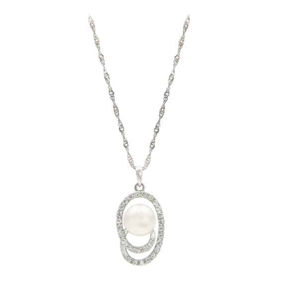 Sterling Silver Rhinestone Swirl and Pearl Pendant with 18" Necklace