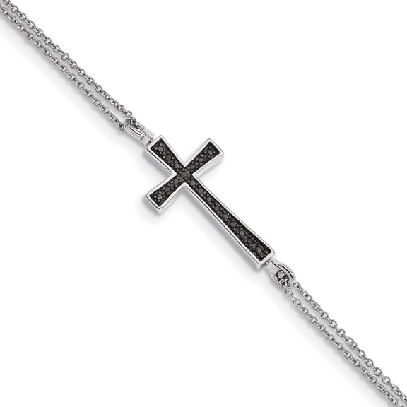 Sterling Silver Rhod 0.1ct. Blk & Wht Dia. Rvsble Cross 2 Strand Bracelet QDX1253