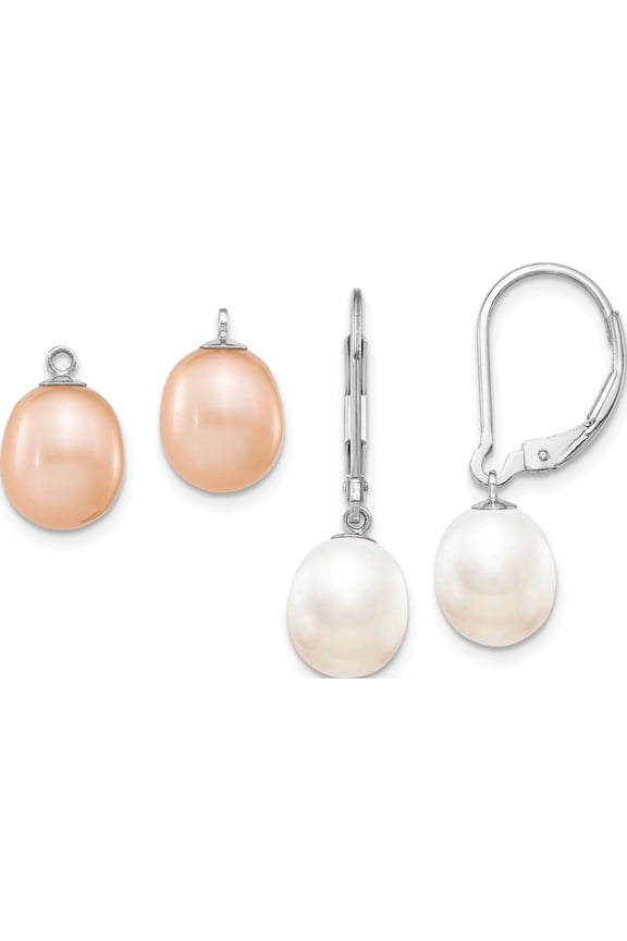 Sterling Silver Rhod 7-8mm Fwc Pearl Leverback 2Pc Enhancer Set (26 X 7) Made In Canada qe12852