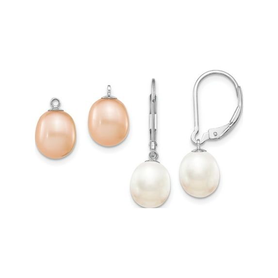 Sterling Silver Rhod 7-8mm Fwc Pearl Leverback 2Pc Enhancer Set (26 X 7) Made In Canada qe12852
